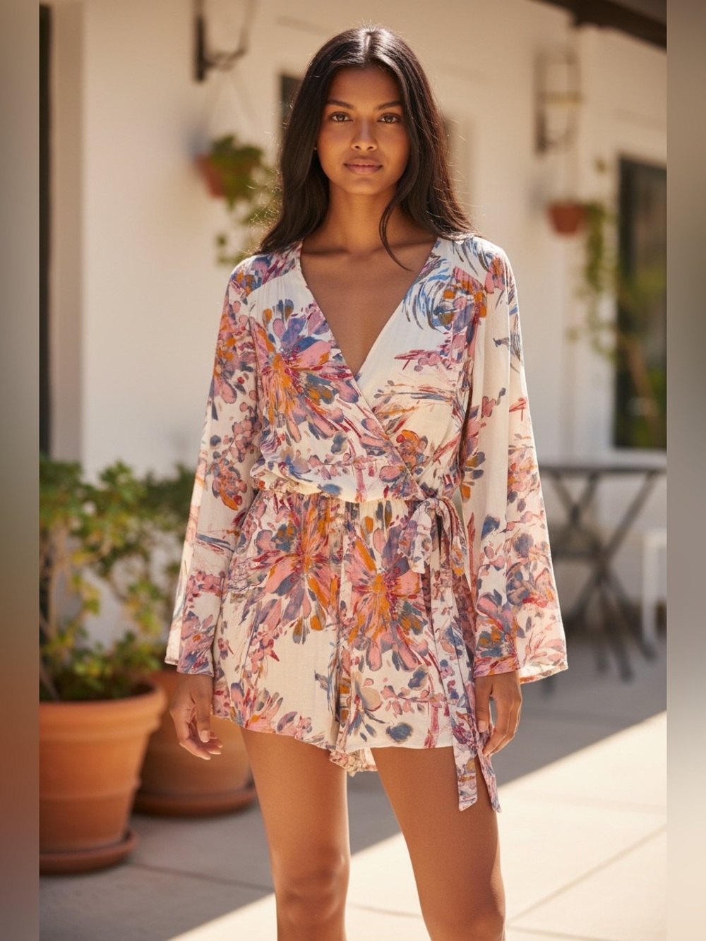 PPLA Floral Print Wrap Romper in Cream with Pink & Blue Accents